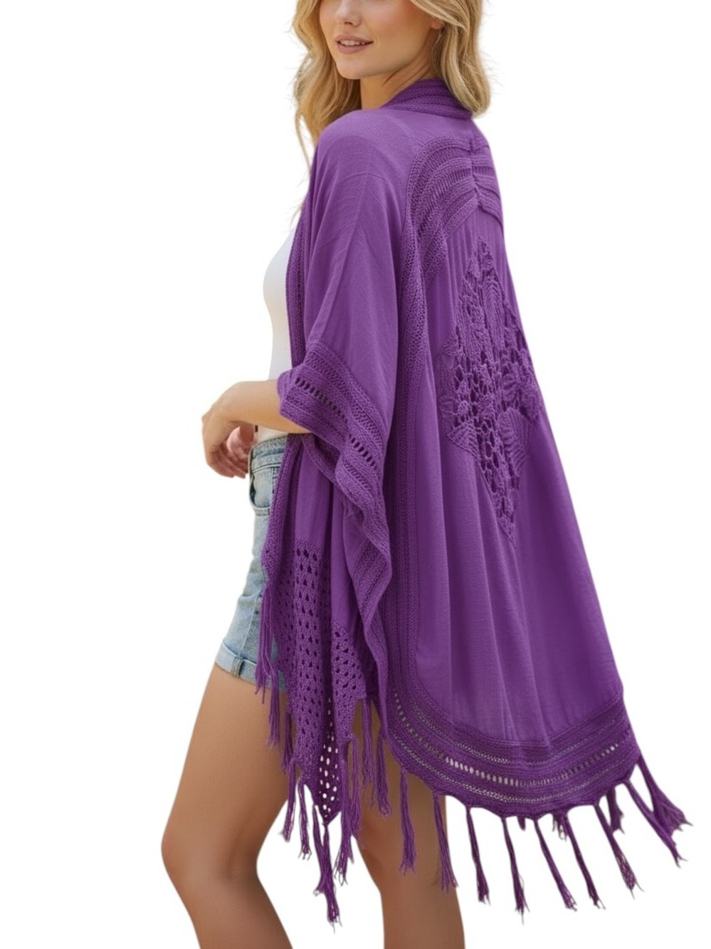 662. Women’s Purple Crochet Kimono Cardigan NEW